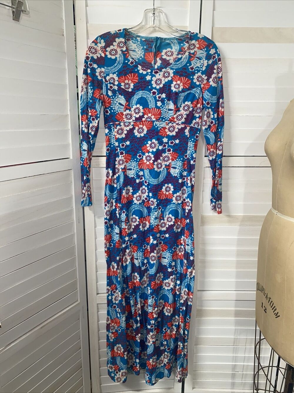 Handmade 60s 70s Maxi Dress Empire Floral Knit Blue Orange Groovy Disco Small